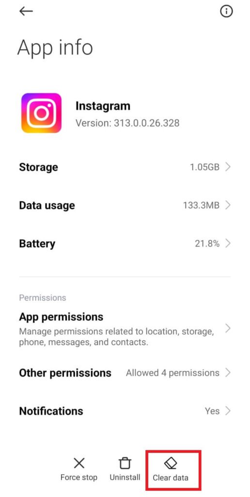 Instagram app clear data